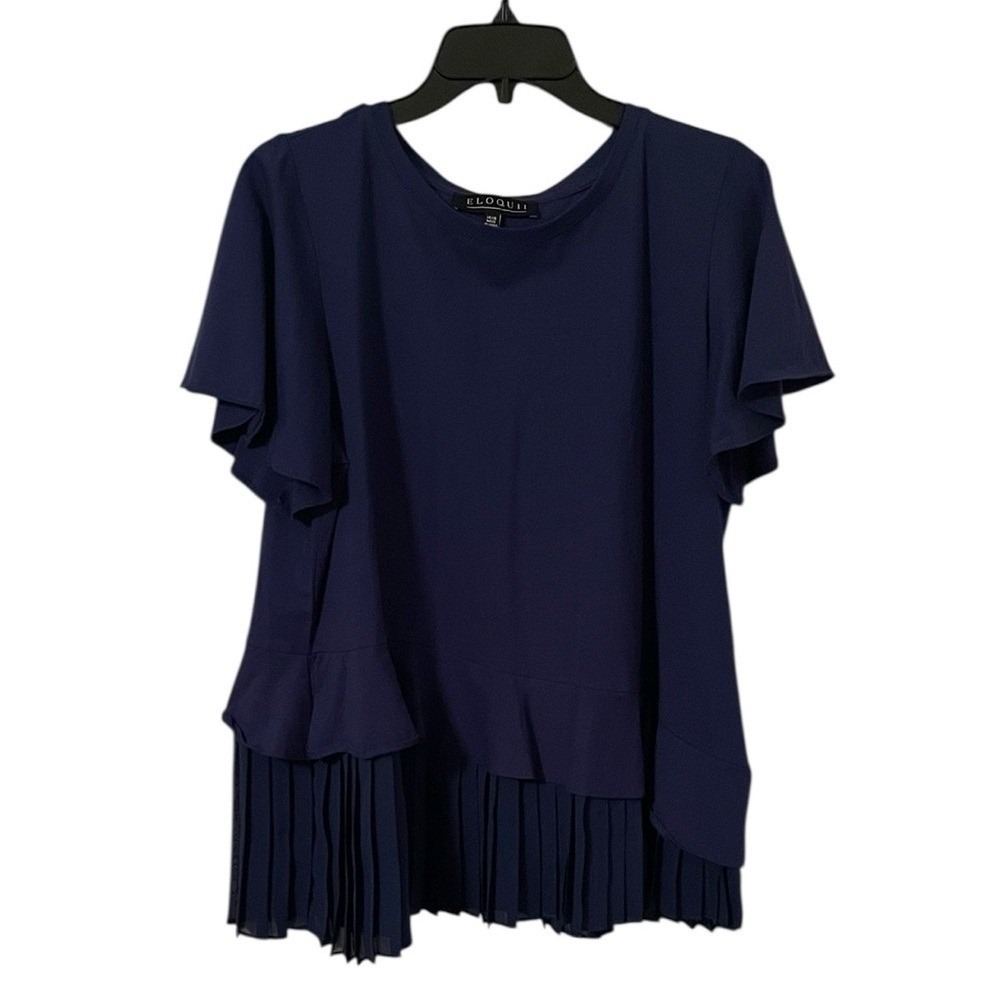Eloquii Women's Navy Blue Flutter Sleeve Pleated Hem Short Sleeve Top Size 14/16